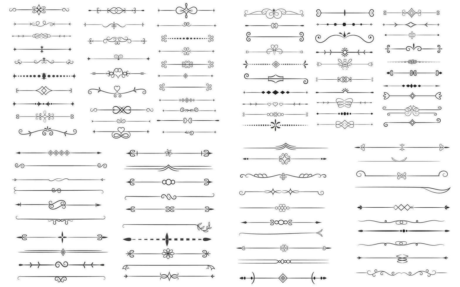 Seite Teiler und Design Elemente. einstellen von verschiedene einfach schwarz Teiler Design, sortiert Teiler Sammlung Vorlage Vektor. Sammlung von Blumen- Teiler Elemente Mega Dekoration zum Kalligraphie. vektor