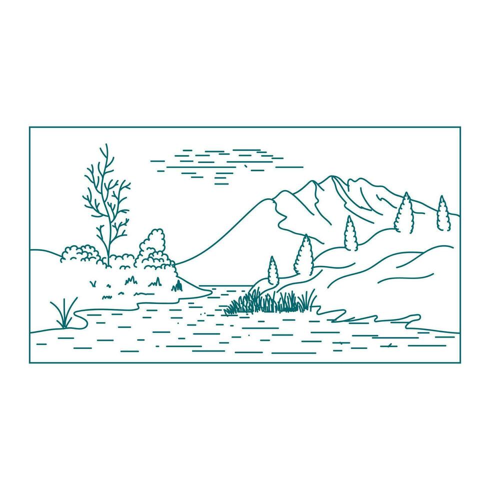 hipster berg kulle med sjö flod bäck träsk landskap se linje översikt stil illustration vektor