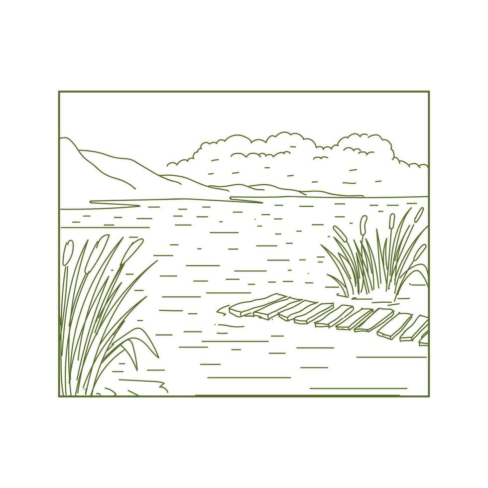hipster himmel och berg kulle med sjö flod bäck träsk landskap se linje översikt stil illustration vektor