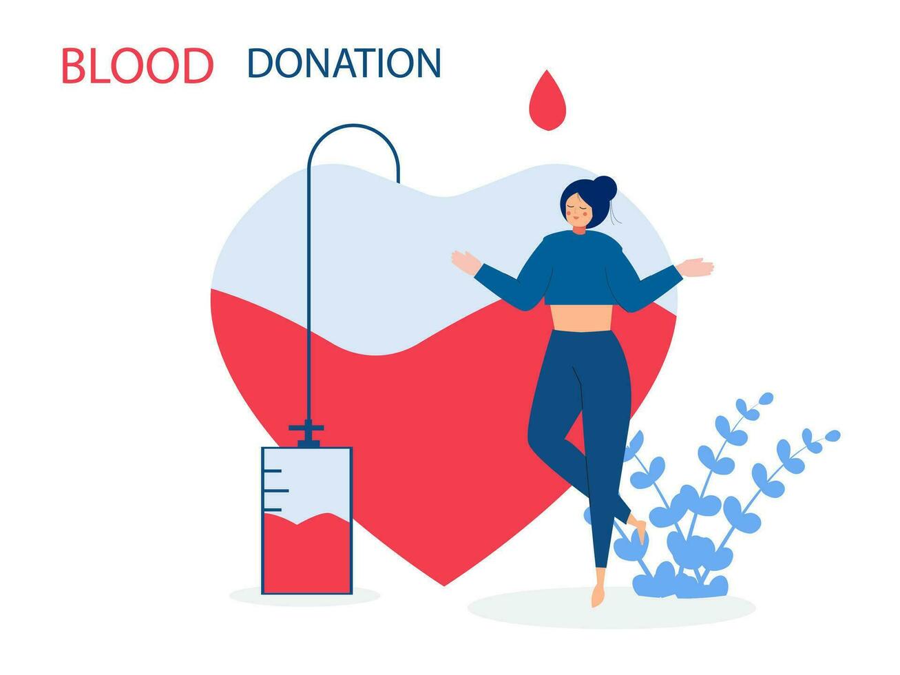 Freiwillige Frau spenden Blut in der Nähe von Herz. Spender. Konzept von Spende, Wohltätigkeit, Welt Blut Spender Tag, Gesundheit Pflege. Vektor Illustration im eben Design zum Hintergrund, Banner, Karte