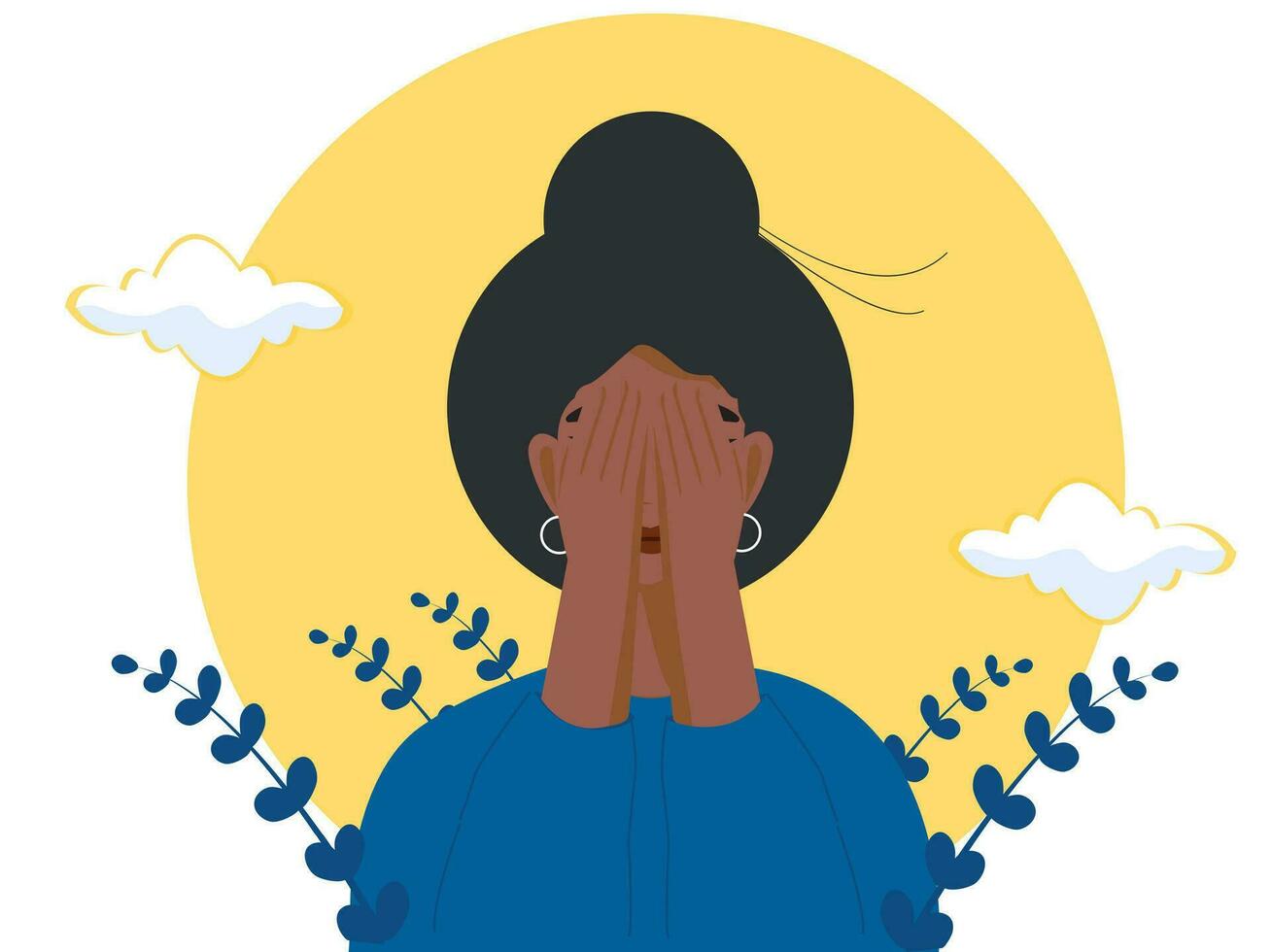 deprimiert schwarz Frau Abdeckungen ihr Gesicht mit Hände, Konzept von mental Störungen, Trauer und Depression, physisch und emotional Gewalt gegen Frauen, Vektor Illustration