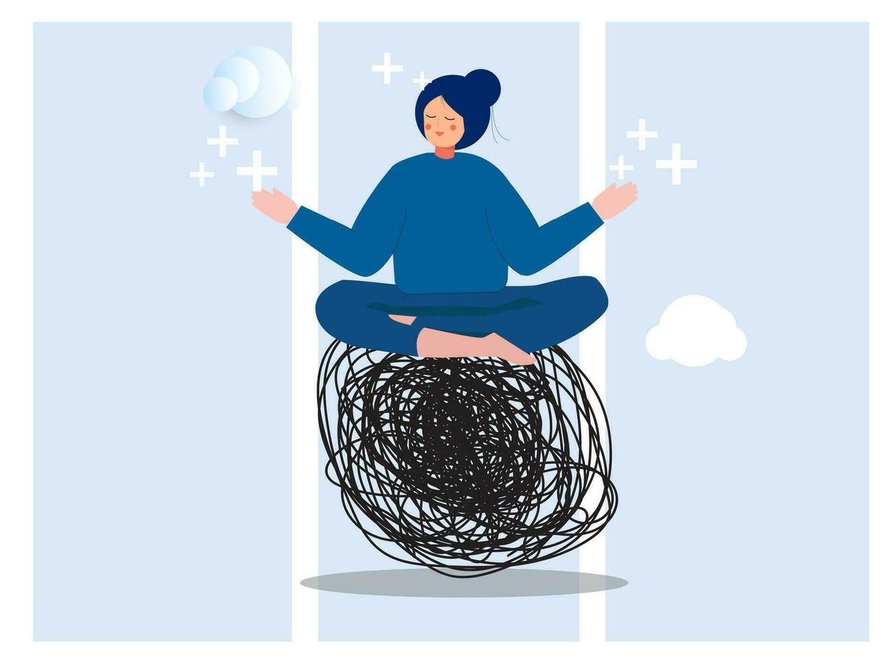 påfrestning förvaltning, meditation eller avslappning till minska ångest, kontrollera känsla under problem lösning eller frustration arbete begrepp, kvinna i lotus meditation på kaos röra linje med positiv energi. vektor