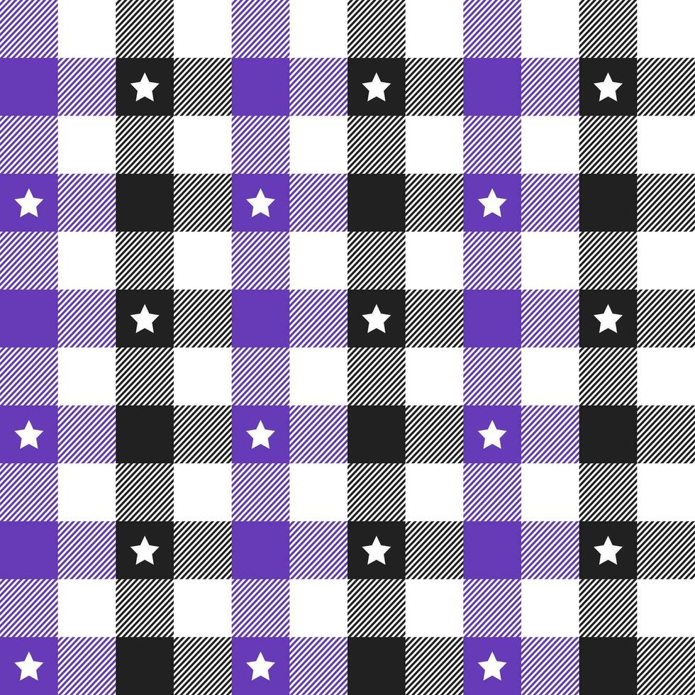 lila und schwarz Plaid Muster mit Star Hintergrund. Plaid Muster Hintergrund. Plaid Hintergrund. nahtlos Muster. zum Hintergrund, Dekoration, Geschenk Verpackung, Gingham Tischdecke, Decke, Schottenstoff. vektor