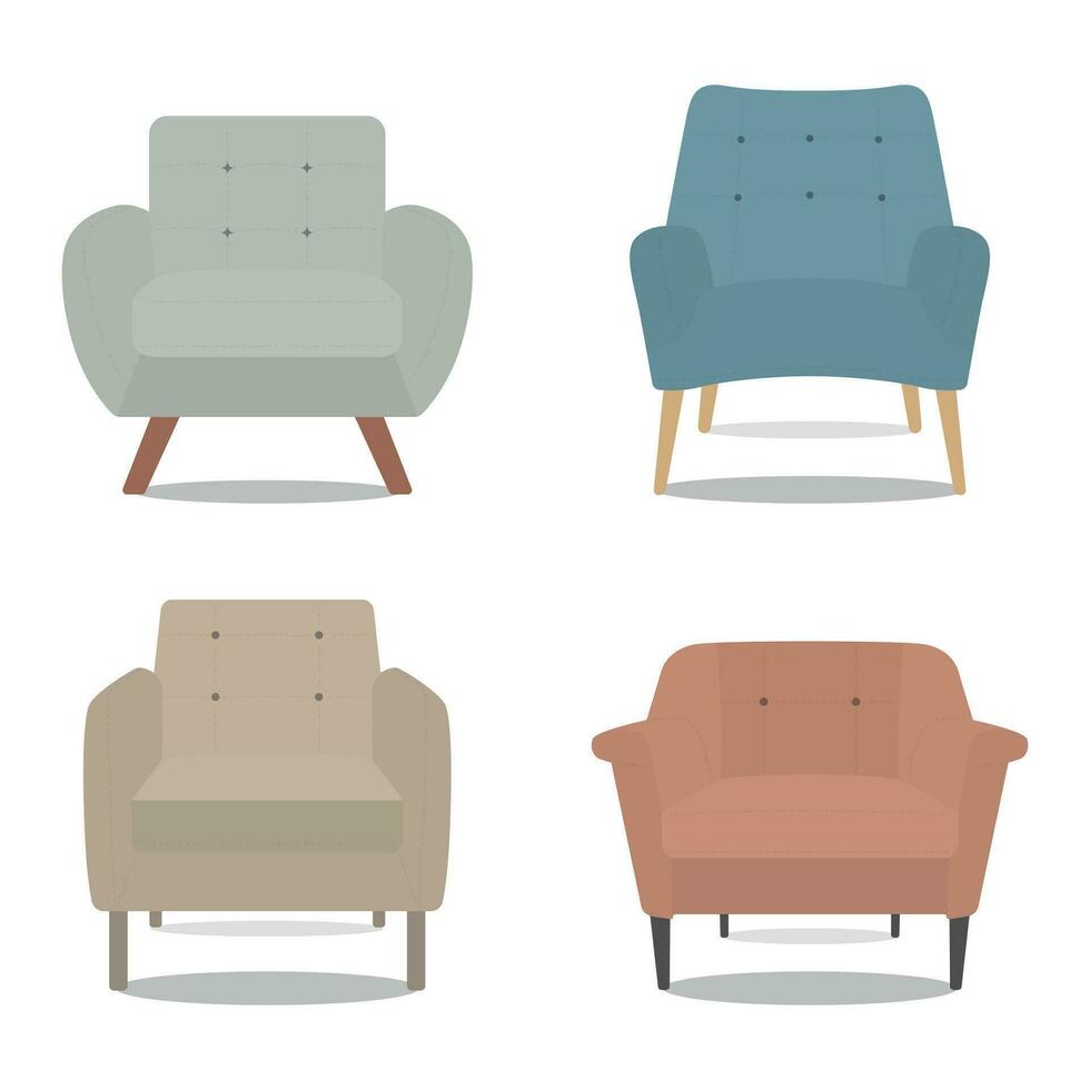 eben Design Single Sofa Stuhl verschiedene Formen. Single Sofa Sammlung. Vektor Illustration