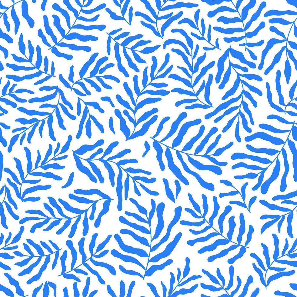 blå matisse blommig tropisk löv sömlös mönster. abstrakt blommig upprepa bakgrund. vektor blad former skriva ut, tapet. sommar organisk växter textur för textil- design, tyg. samtida konst