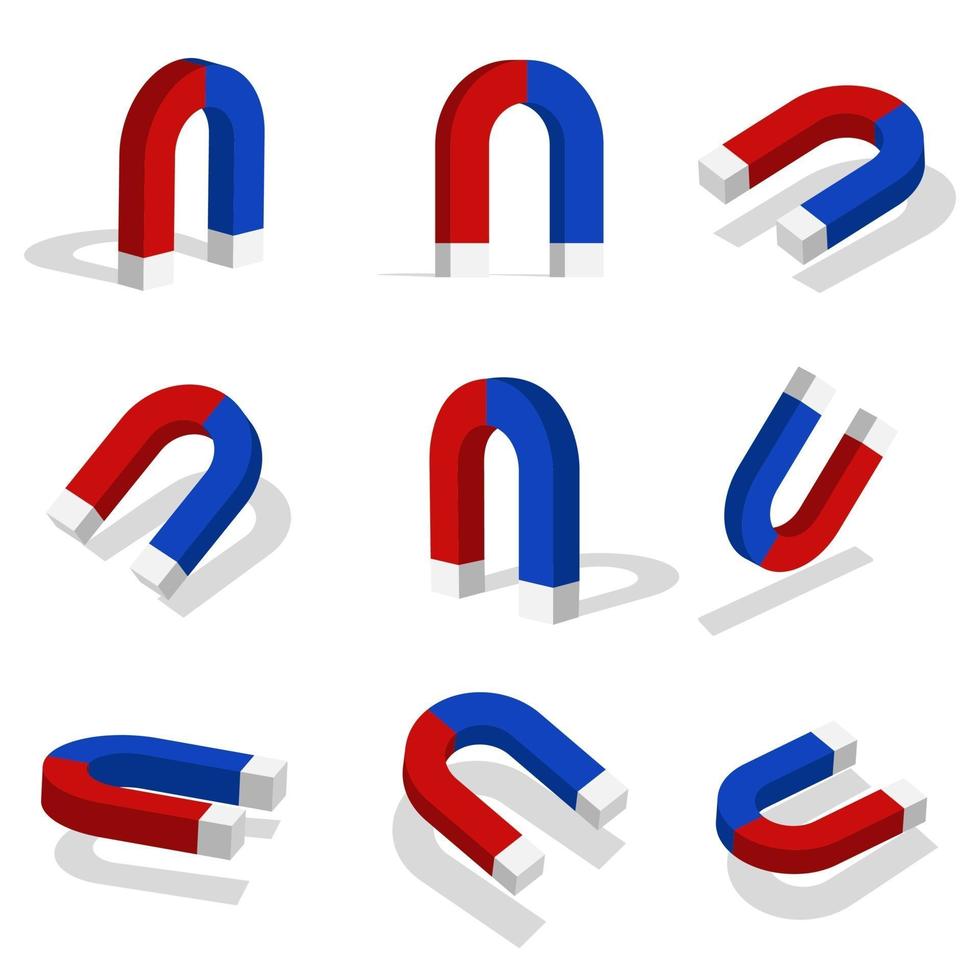 Magnet 3D-Icon-Darstellung mit verschiedenen Ansichten und Winkeln vektor