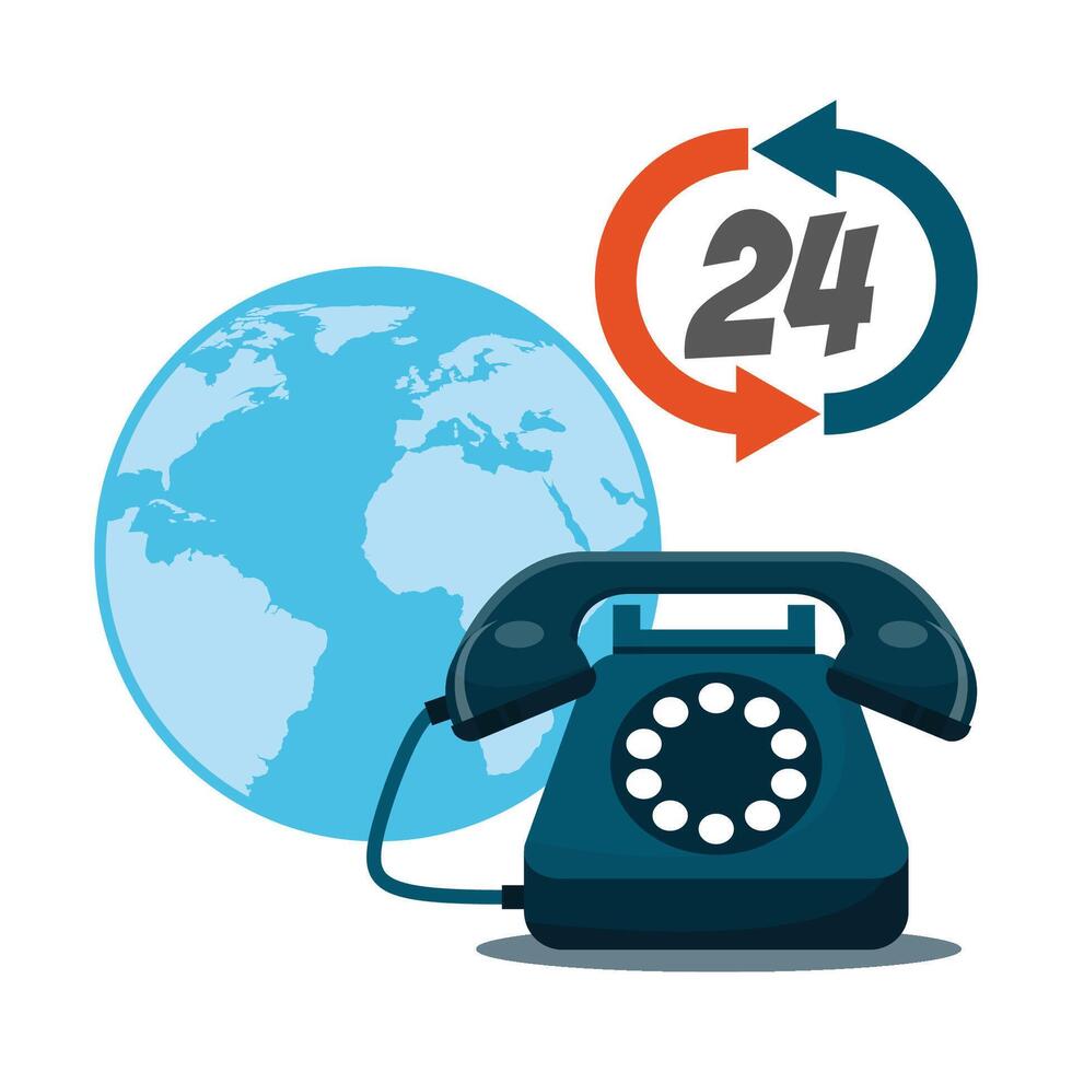 eben Design von Telefon und Globus mit 24 Std Uhr Vektor Illustration