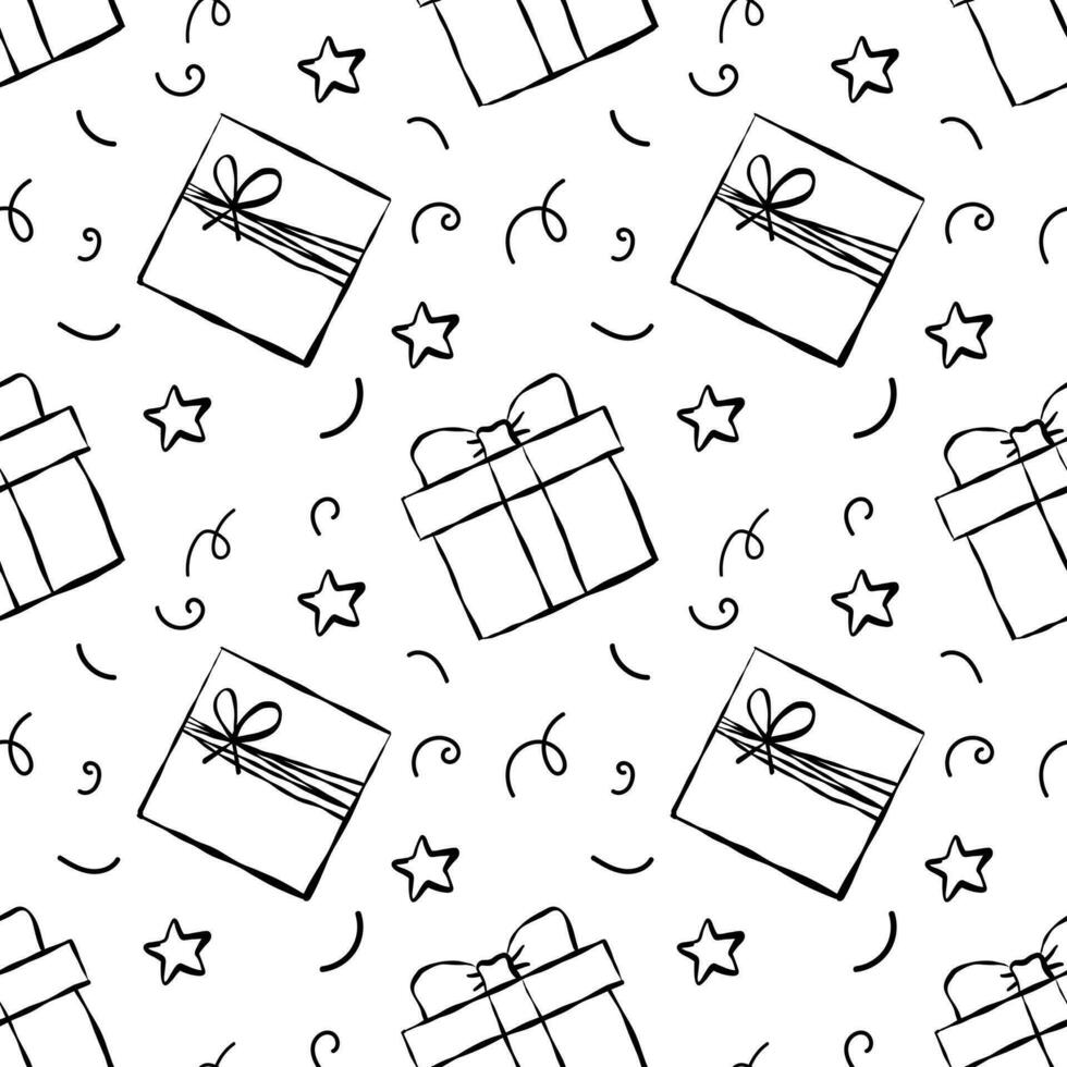 sömlös mönster med jul födelsedag klotter gåva lådor. omslag papper mönster, bågar och band. vektor