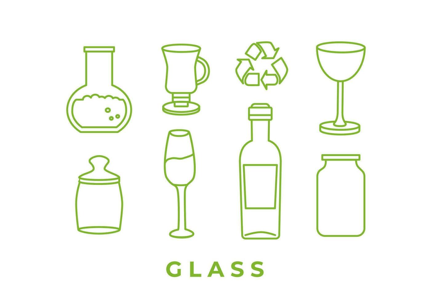 Recycling und Sortierung von Glas Abfall. Flasche, Tasse, Birne, Krug, Glas. linear Symbole. Müll Sortierung und Abgrenzung. Ökologie. editierbar Schläge. Linie Kunst, Kritzeleien. vektor