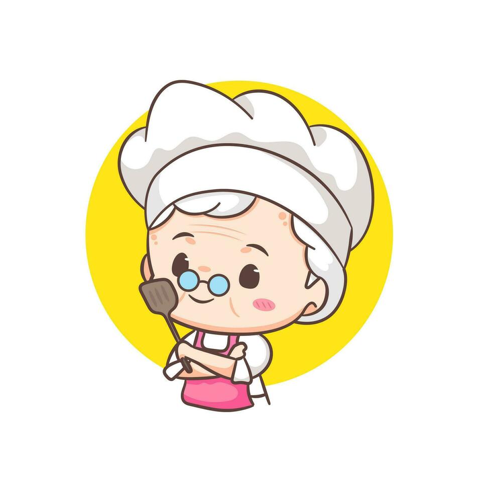 niedlicher großmutter-chef-cartoon. Oma Kochen Logo Vektorgrafiken. Menschen-Food-Icon-Konzept. Restaurant und hausgemachtes kulinarisches Logo vektor