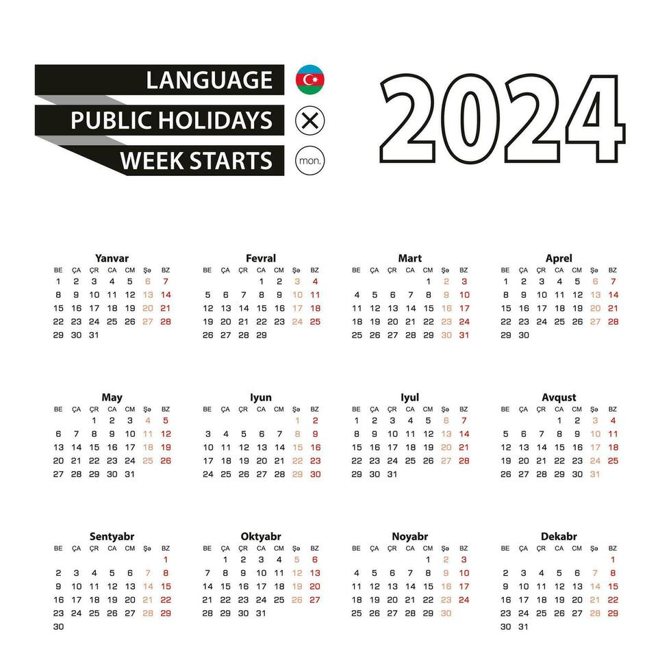 Kalender 2024 im Aserbaidschaner Sprache, Woche beginnt auf Montag. vektor