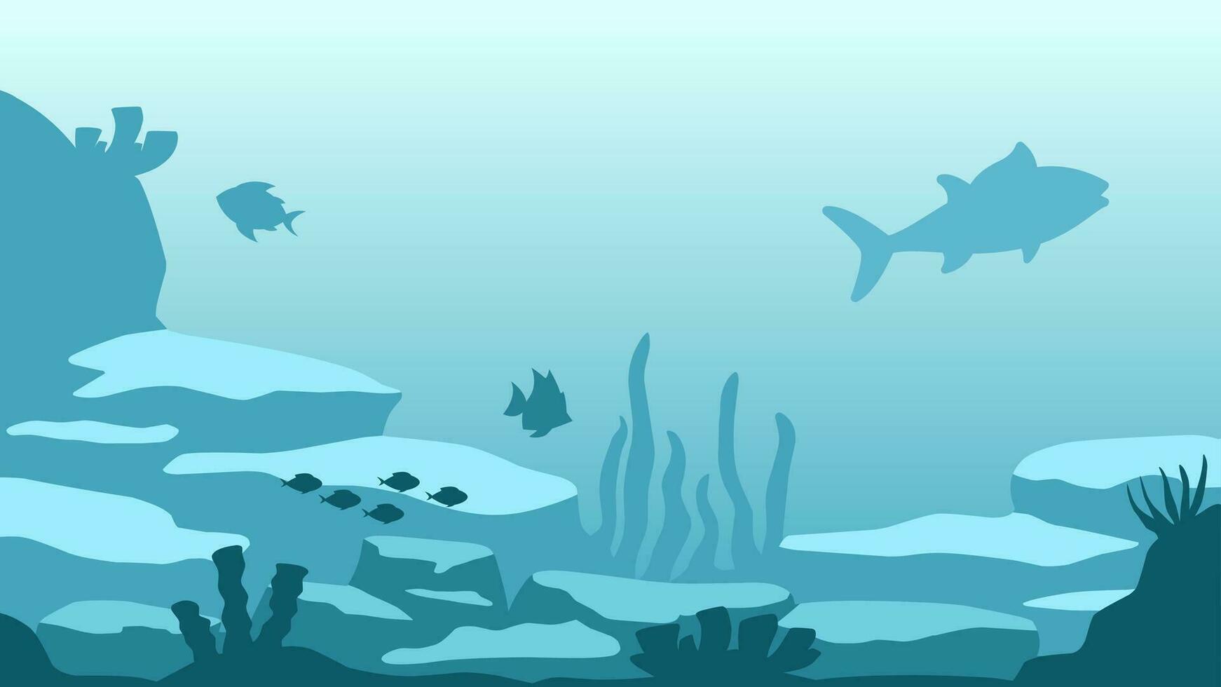 under vattnet landskap vektor illustration. botten hav landskap med fisk, med korall rev. hav värld silhuett för bakgrund, tapet eller landning sida. djup hav landskap vektor bakgrund