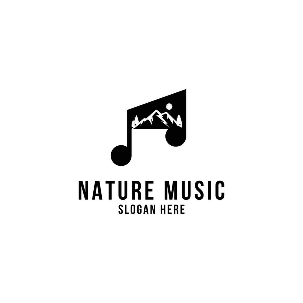 natur musik logotyp design idéer med berg symboler, musik anteckningar och träd vektor