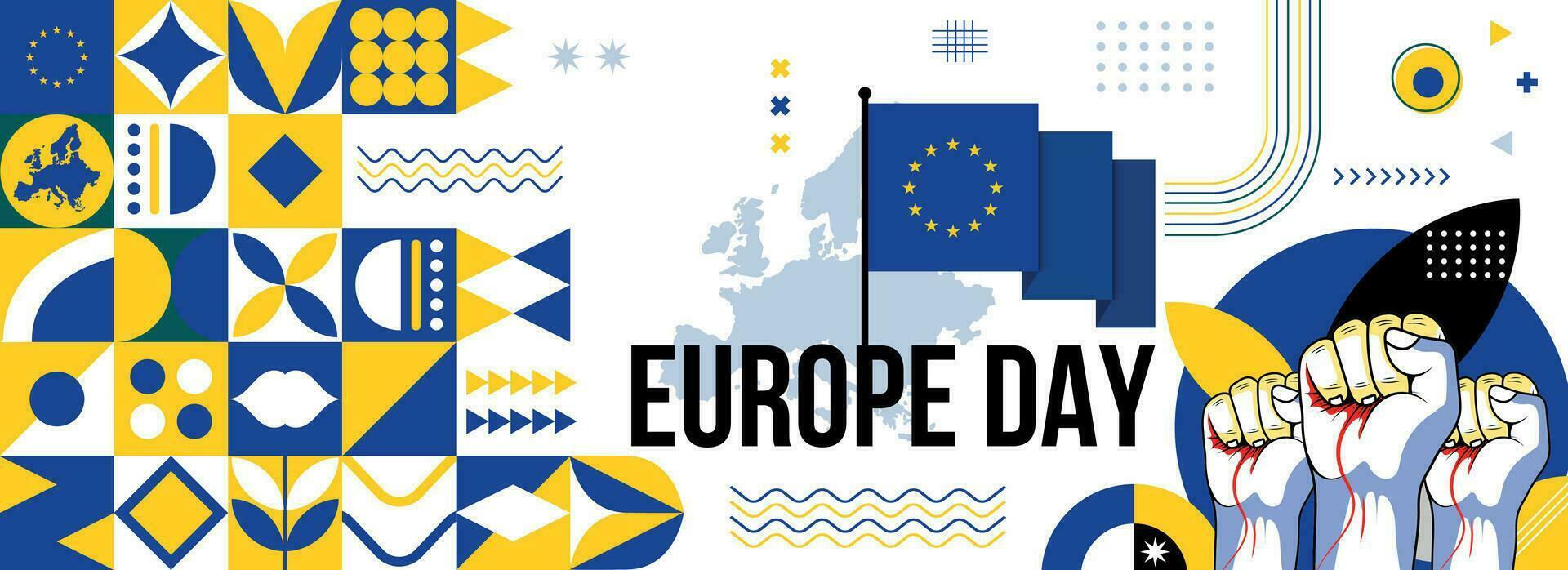 Europa nationell eller oberoende dag baner för Land firande. flagga och Karta av europeisk union med Uppfostrad nävar. modern retro design med typorgaphy abstrakt geometrisk ikoner. vektor illustration.