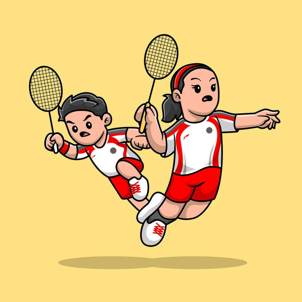 söt pojke och flicka spelar badminton tecknad serie vektor ikon illustration. sport människor ikon begrepp isolerat premie vektor. platt tecknad serie stil