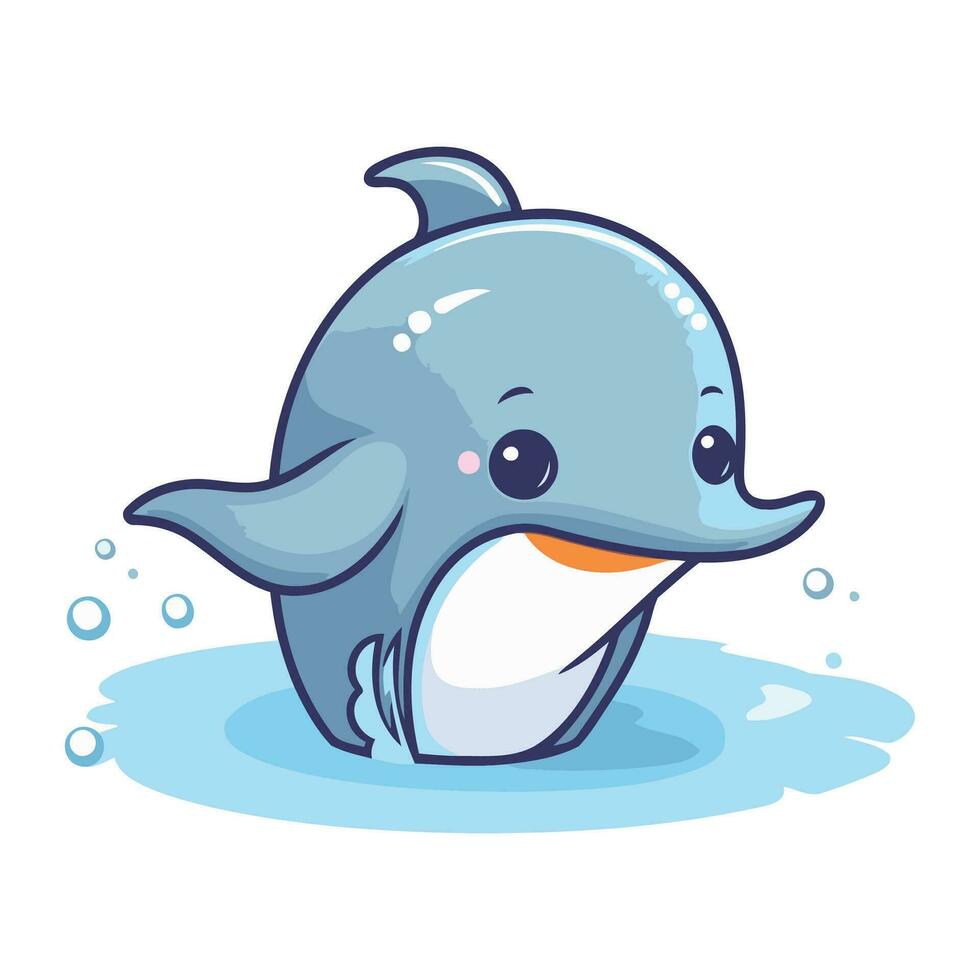 söt tecknad serie delfin simning i de vatten. vektor illustration isolerat på vit bakgrund.