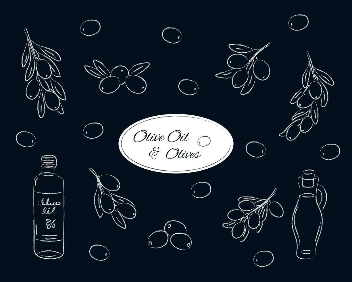 Vektor Illustration mit Olive Geäst und Olive Öl auf ein Blau Hintergrund, Geäst von ein Olive Baum mit Früchte, gezeichnet im Kreide. Vektor isoliert Illustration.