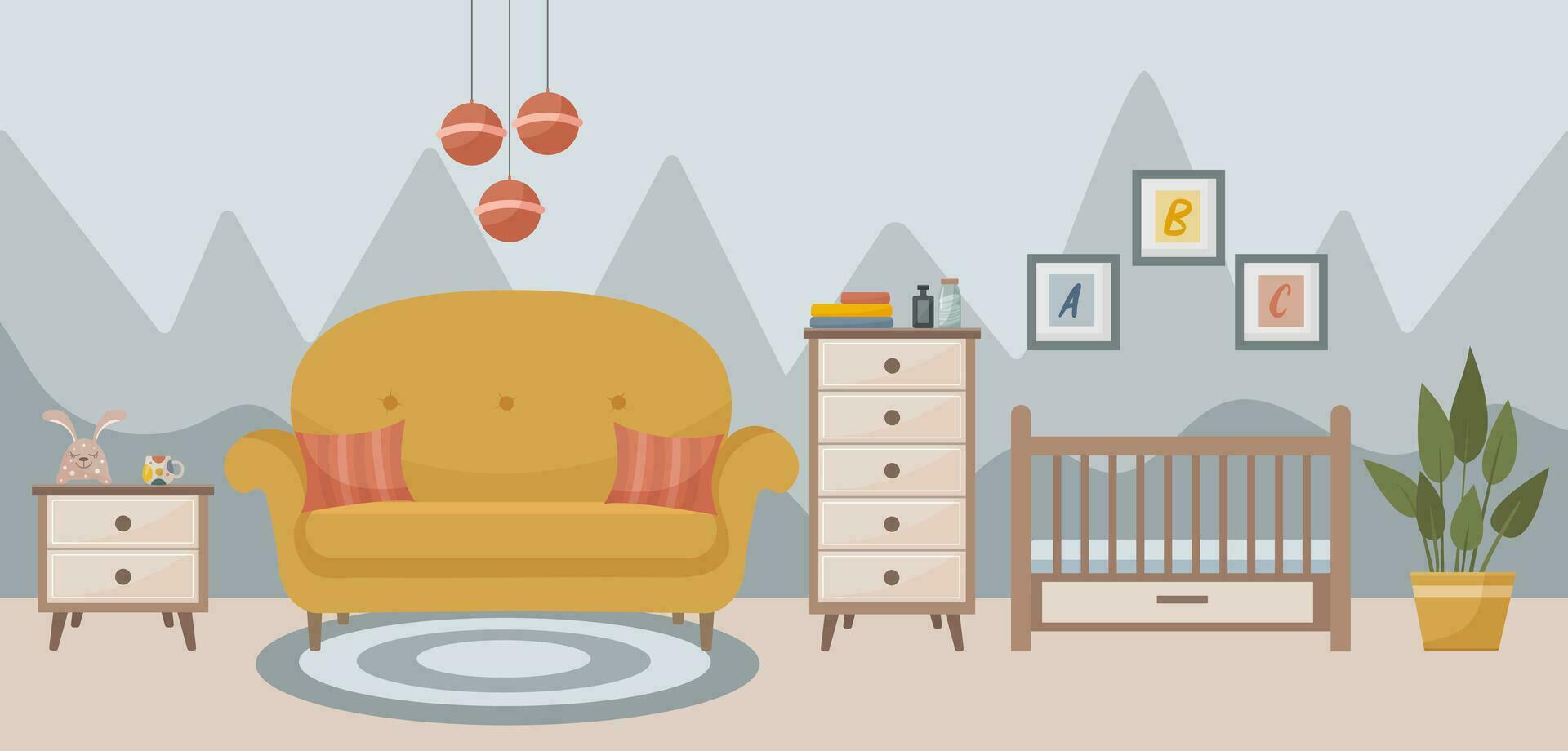 gemütlich Schlafzimmer mit ein Kinderbett. Schlafzimmer Innere Sofa Bett, Teppich, Lampe, Krippe, eingetopft Pflanzen, Gemälde, Sessel, Bett Tisch. Innere Konzept. Vektor eben Illustration.