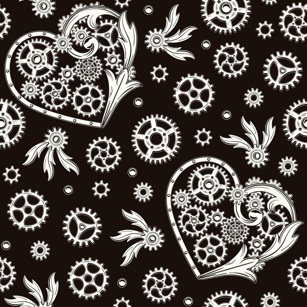 sömlös mönster med hjärta, växlar, nitar, victorian element i steampunk stil. vit element på en svart bakgrund. vektor