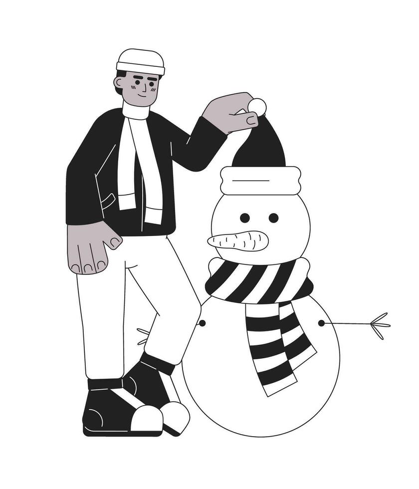 afrikansk amerikan man sätta santa hatt på snögubbe huvud svart och vit 2d tecknad serie karaktär. vinter- ytterkläder svart kille isolerat vektor översikt person. festlig enfärgad platt fläck illustration