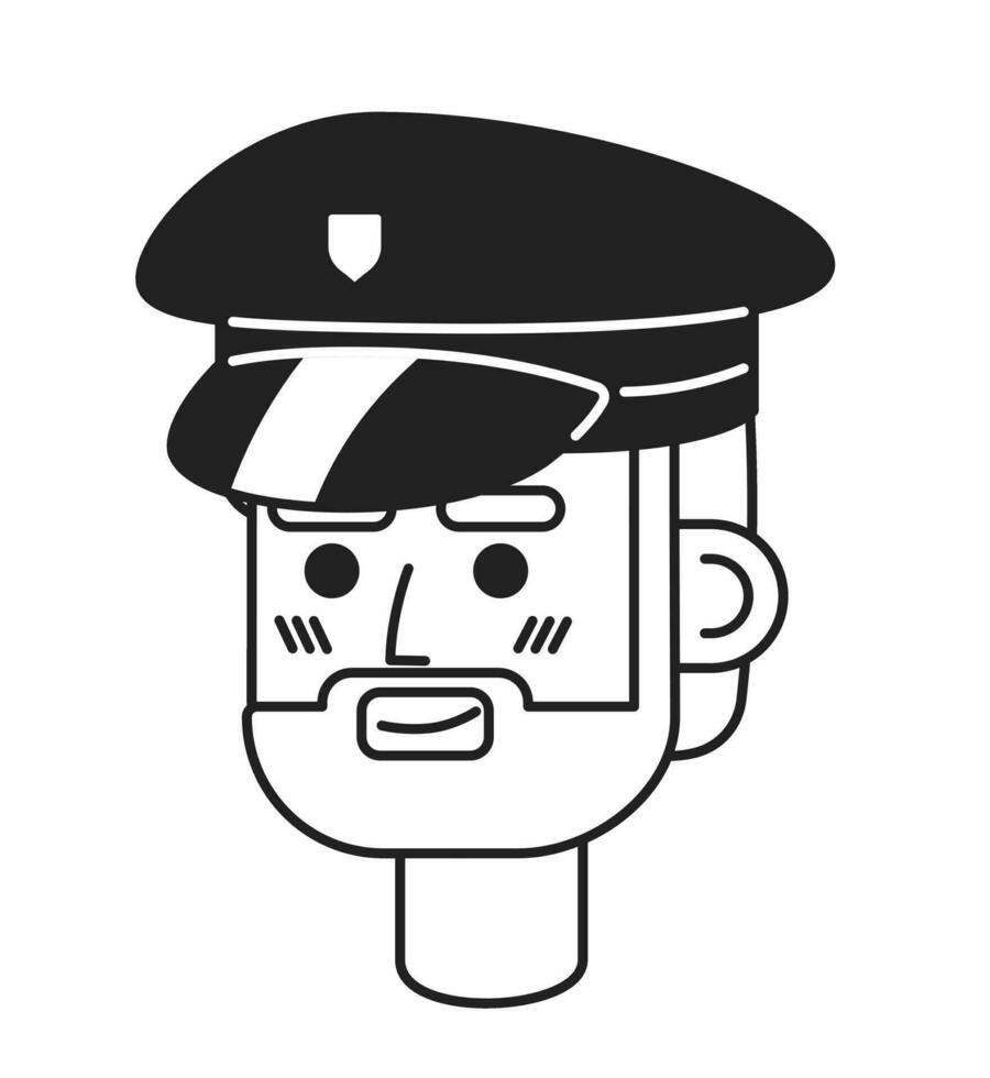 caucasian man polis officer hatt svart och vit 2d vektor avatar illustration. europeisk polis detektiv- översikt tecknad serie karaktär ansikte isolerat. lag tillämpning platt användare profil bild, porträtt