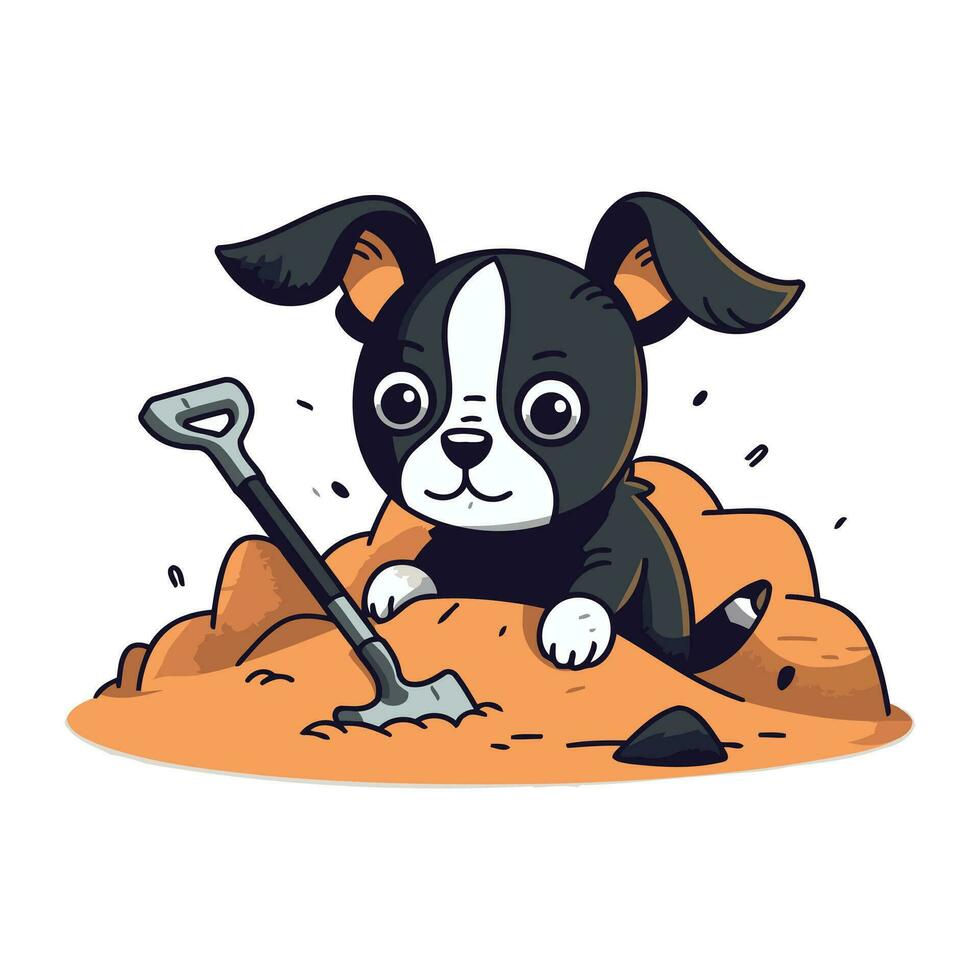 süß Karikatur Hund graben ein Loch mit ein Schaufel. Vektor Illustration.