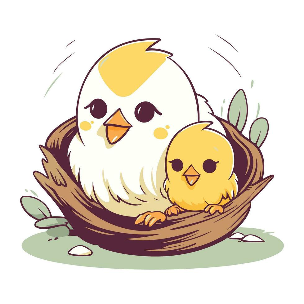 Illustration von süß Küken und Hähnchen im Nest auf Weiß Hintergrund vektor