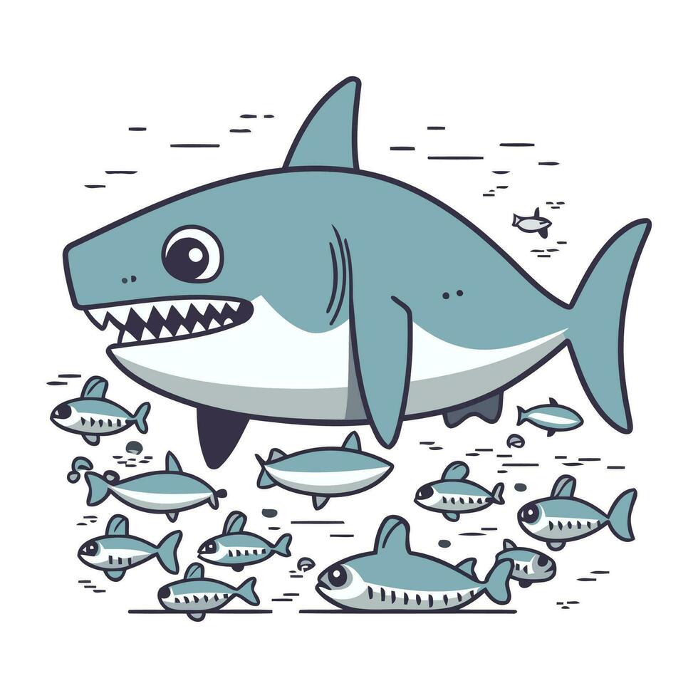 haj och fisk. vektor illustration i tecknad serie stil på vit bakgrund.