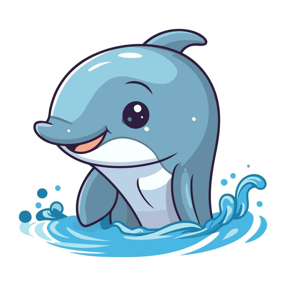 süß Karikatur Delfin Schwimmen im das Meer. Vektor Illustration von ein süß Delfin.