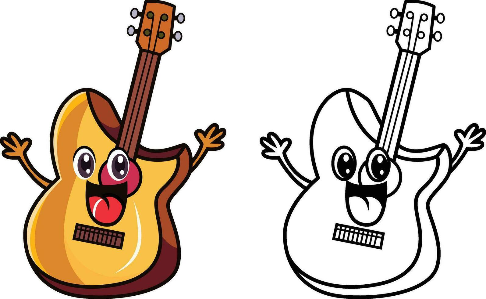 Lycklig tecknad serie gitarr maskot karaktär vektor illustration, akustisk gitarr tecknad serie stock vektor bild, färgad och svart och vit linje teckning