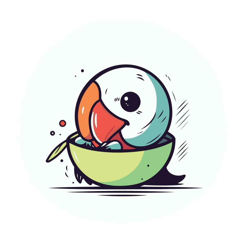 süß kawaii Vogel im ein Schüssel. Vektor Illustration.