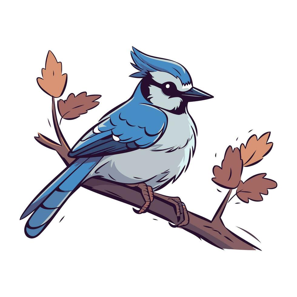 Blau Jay Vogel Sitzung auf Ast mit Blätter. Vektor Illustration.