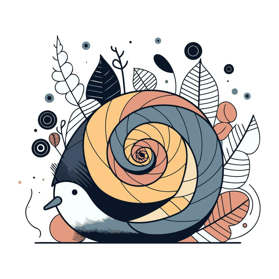 pingvin och snigel på blommig bakgrund. hand dragen vektor illustration.