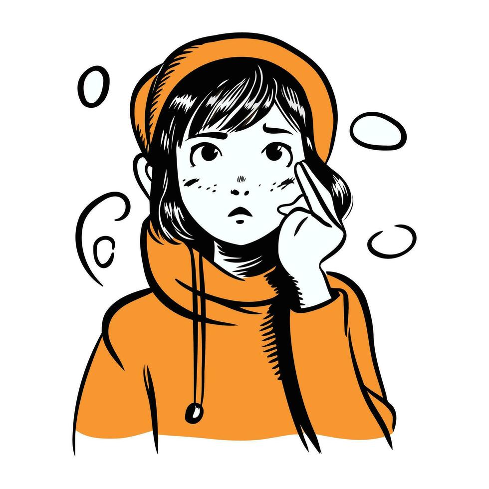 illustration av en flicka i ett orange luvtröja med en grimas på henne ansikte vektor