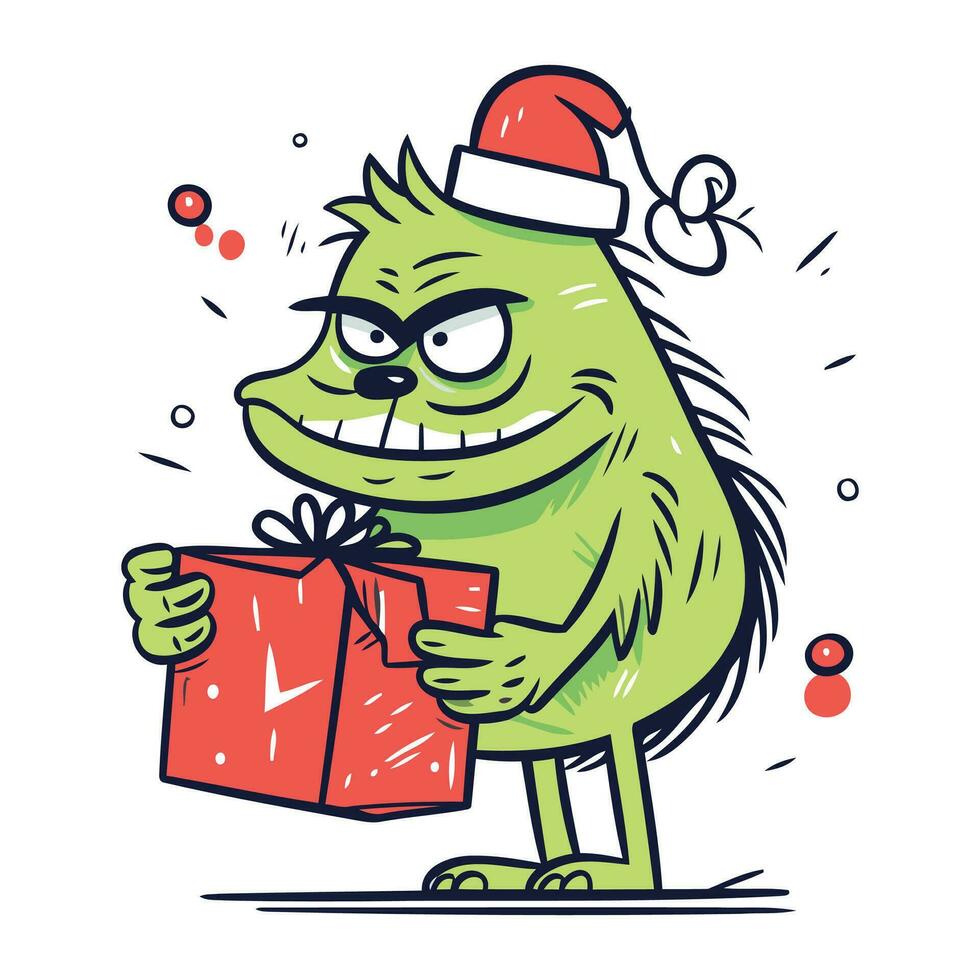 rolig monster i santa hatt med gåva låda. vektor illustration.