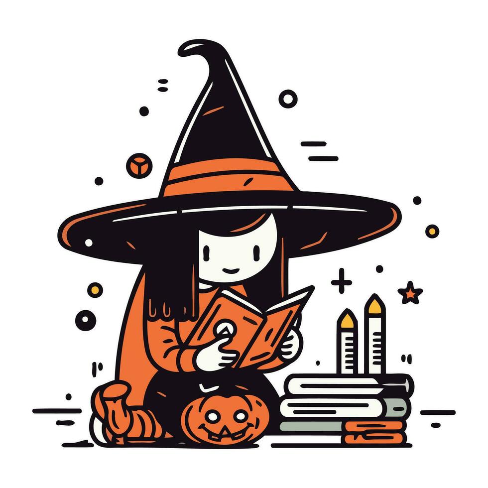 süß wenig Hexe lesen ein Buch. Halloween. Vektor Illustration.