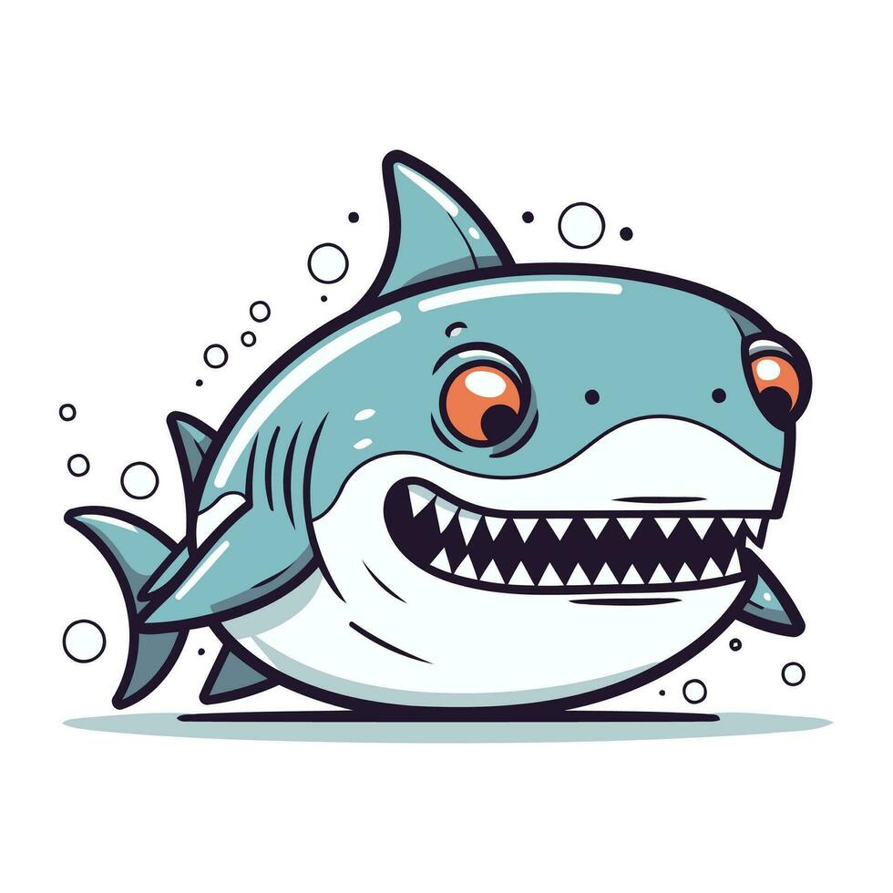 söt tecknad serie haj med öppen mun. vektor illustration isolerat på vit bakgrund.