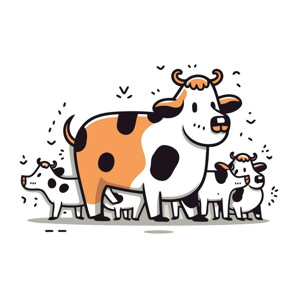 süß Karikatur Kuh mit ein Herde von Kühe. Vektor Illustration.