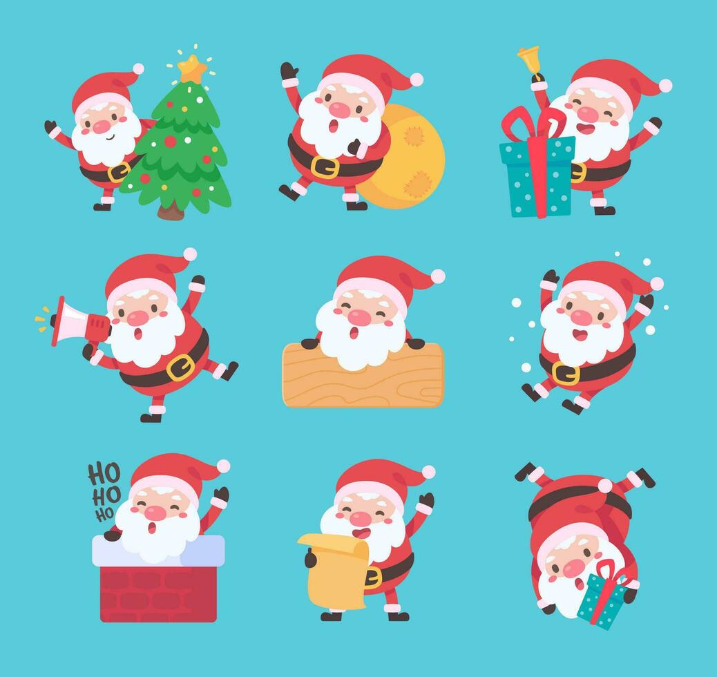 Santa Klaus. Fett Mann mit ein Weiß Bart. tragen ein rot Kostüm im verschiedene Posen. zu geben Geschenke auf Weihnachten Tag vektor