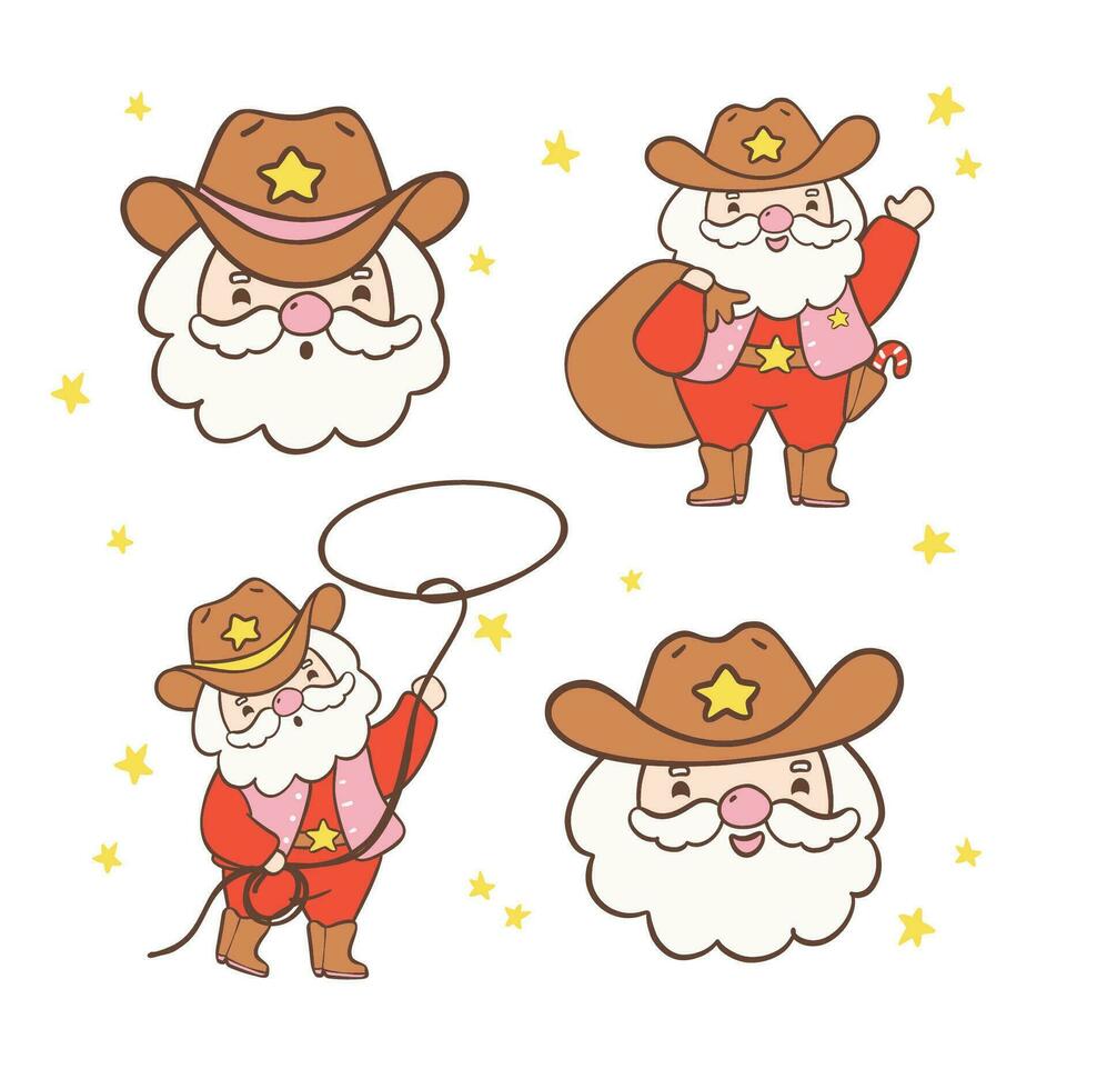 söt cowboy santa claus Västra jul samling tecknad serie karaktär hand teckning illustration. vektor