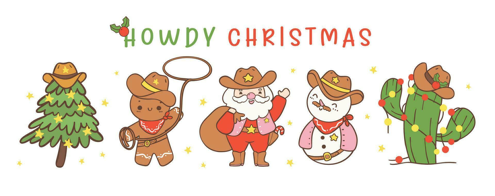 süß Cowboy Weihnachten Western Hallo Weihnachten Banner Hand Zeichnung Karikatur vektor