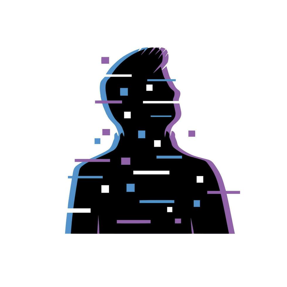 förvrängd tekniskt fel avatar. digital silhuett av människor. retro glöd vhs effekt mänsklig. cyber profil av dator användare. anonym hacker avatar isolerat på vit bakgrund vektor