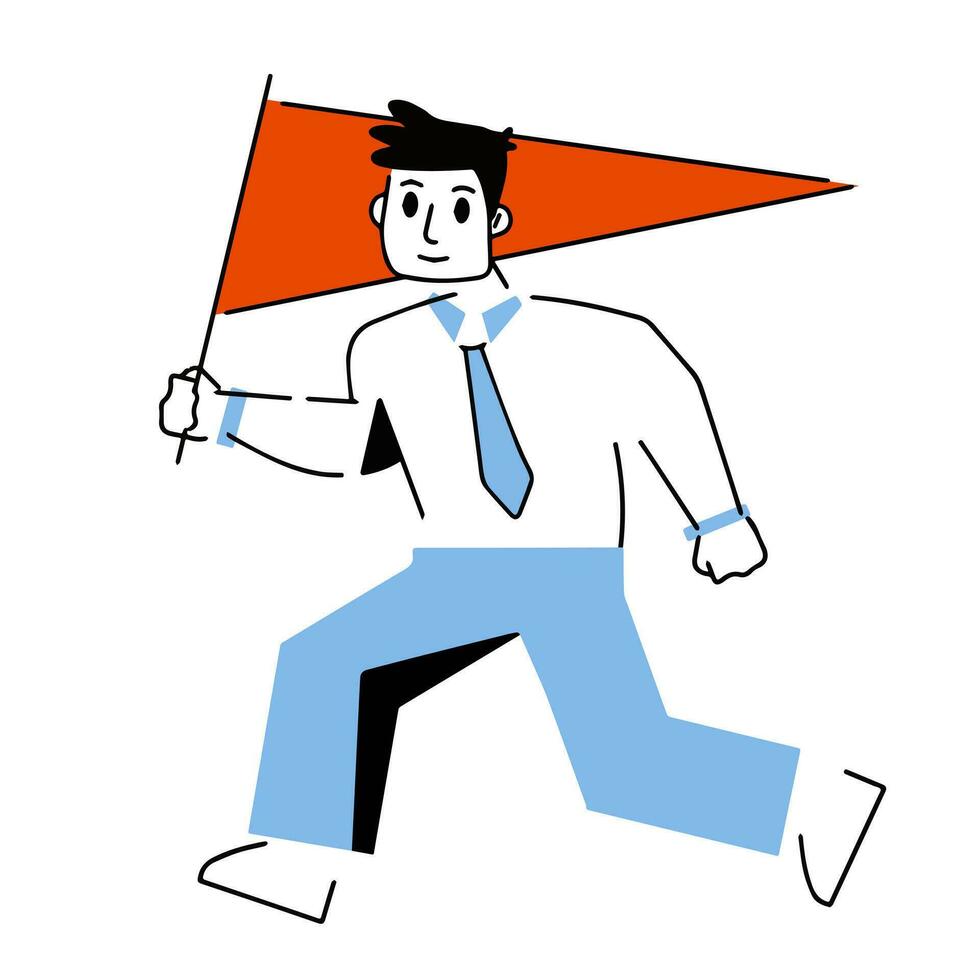 Geschäftsmann Charakter Lauf mit rot Flagge. Rennen und Karriere. Erfolg im Geschäft. Mann im passen und binden. modisch geometrisch modern Karikatur. vektor