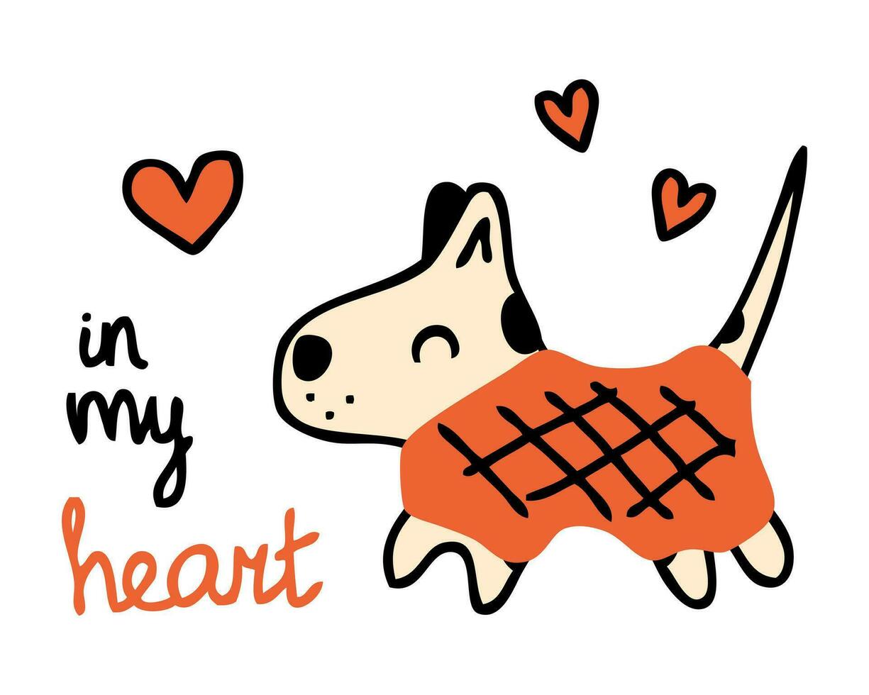 klotter söt valp i en täcka med hjärtan och inskrift. kärlek för hundar begrepp. hand dragen vektor skriva ut för t-shirt, vykort, klistermärke.