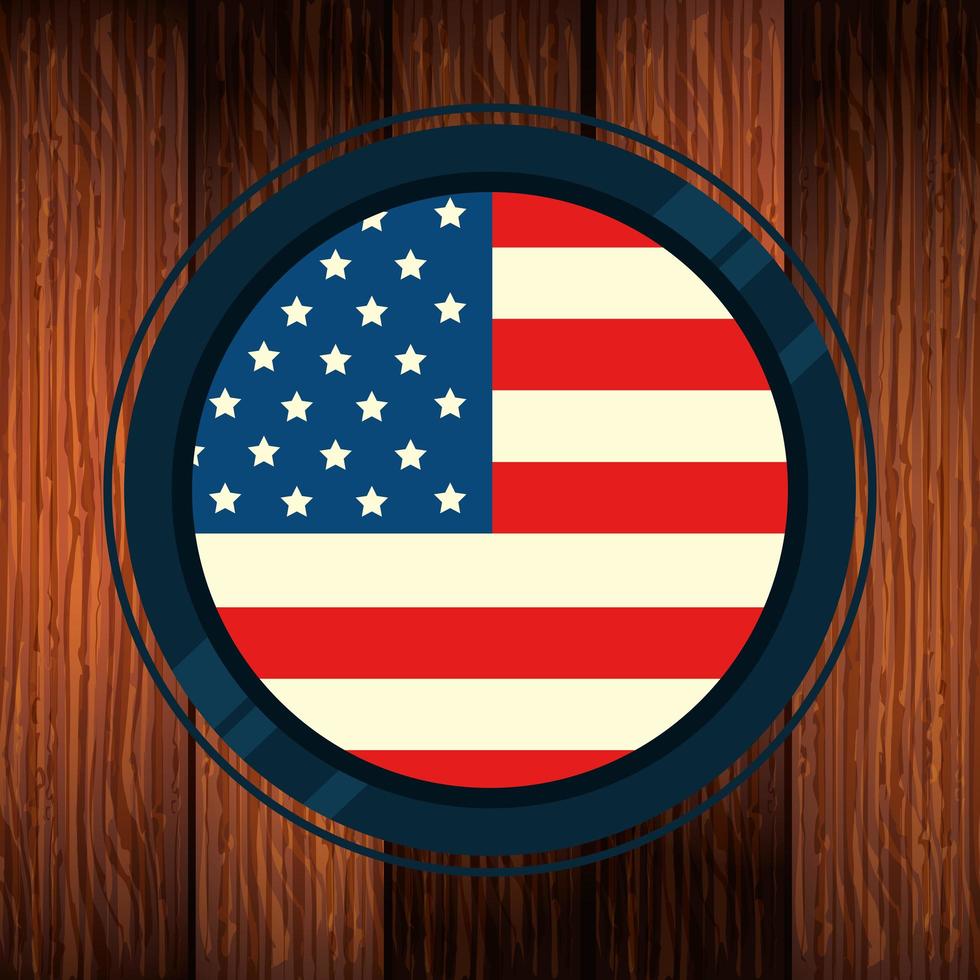Flagge der Vereinigten Staaten im Rahmen rund mit Holzhintergrund vektor