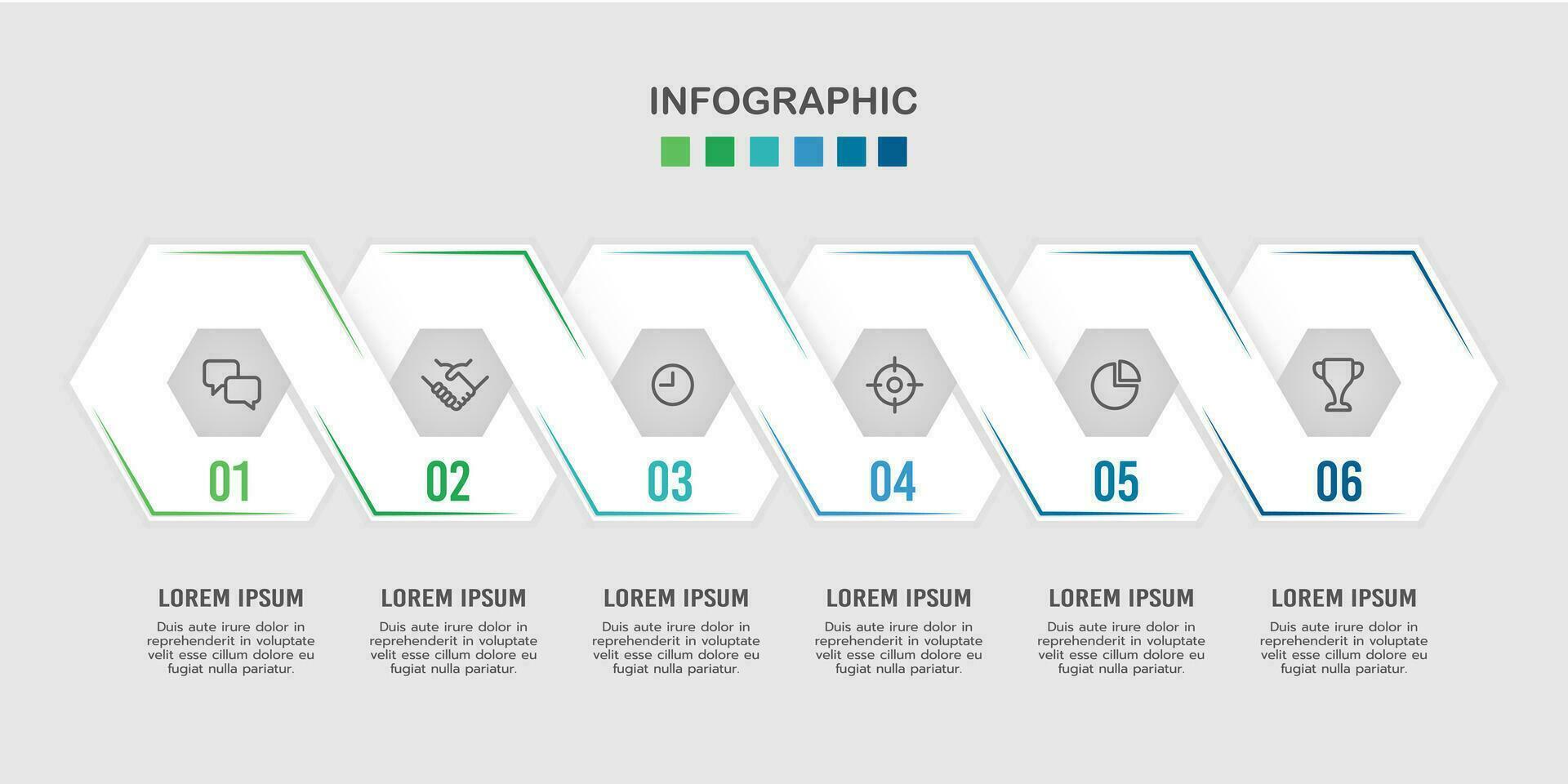 Geschäft Infografik Arbeitsablauf Prozess Design Vorlage. Infografik 6 Optionen oder Schritte. Vektor Illustration.