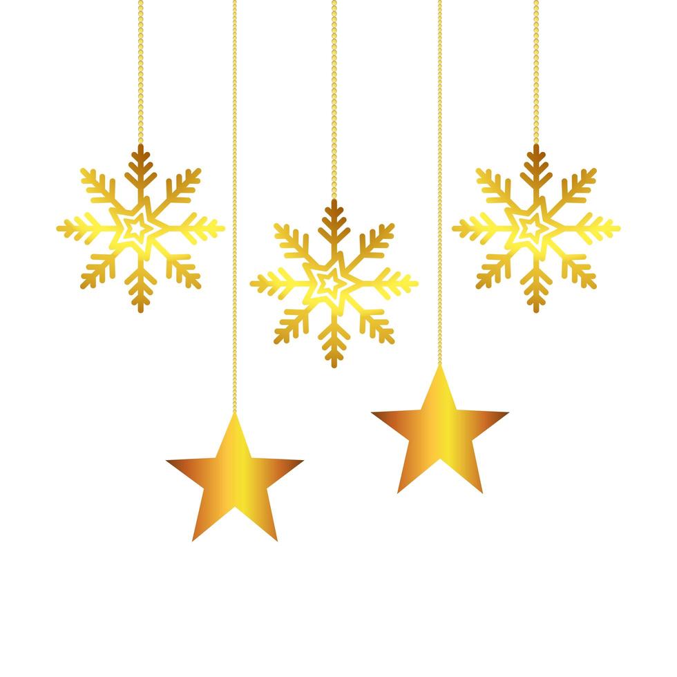 Schneeflocken mit goldenen Sternen von Weihnachten hängen vektor