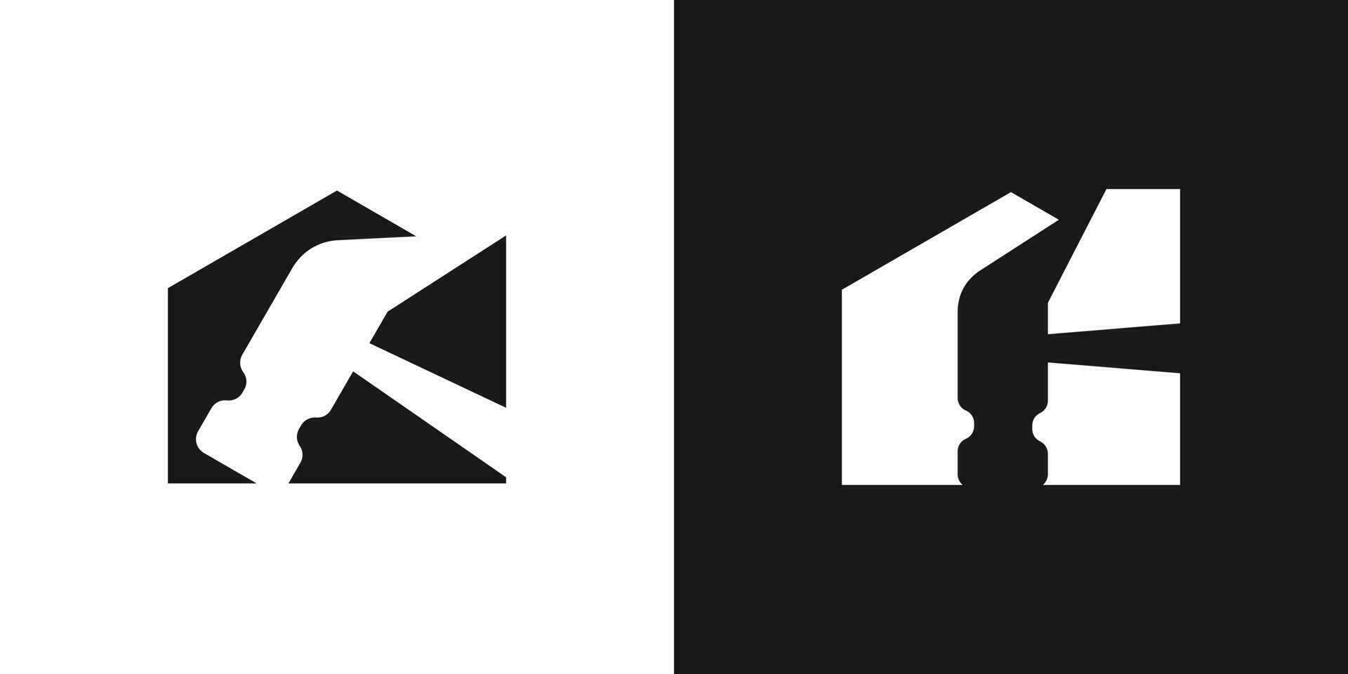 negativ Plats logotyp med en kombination av en hus och en hammare för en Hem renovering logotyp. vektor