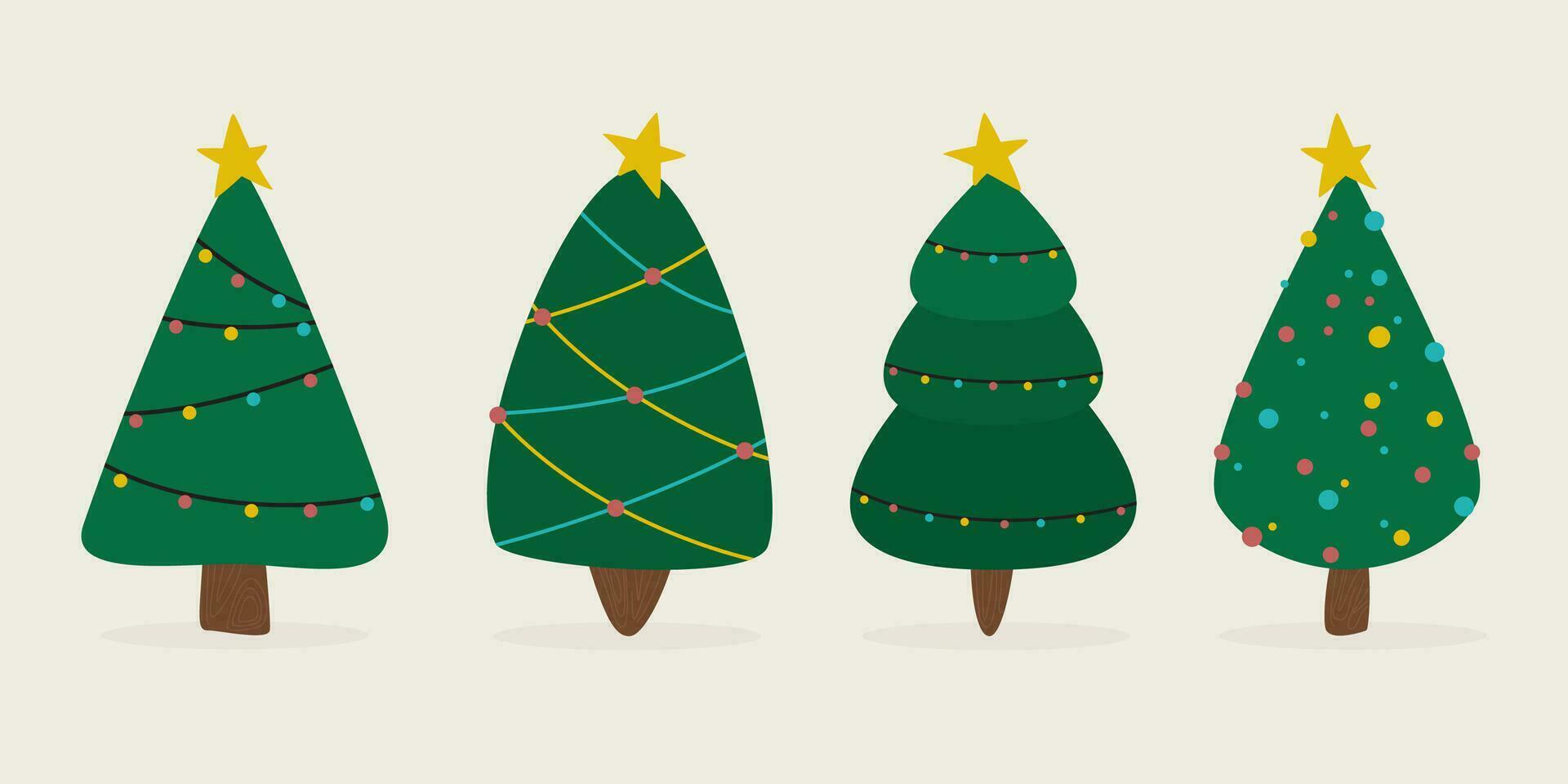 samling av hand dragen platt jul träd. vektor illustration.