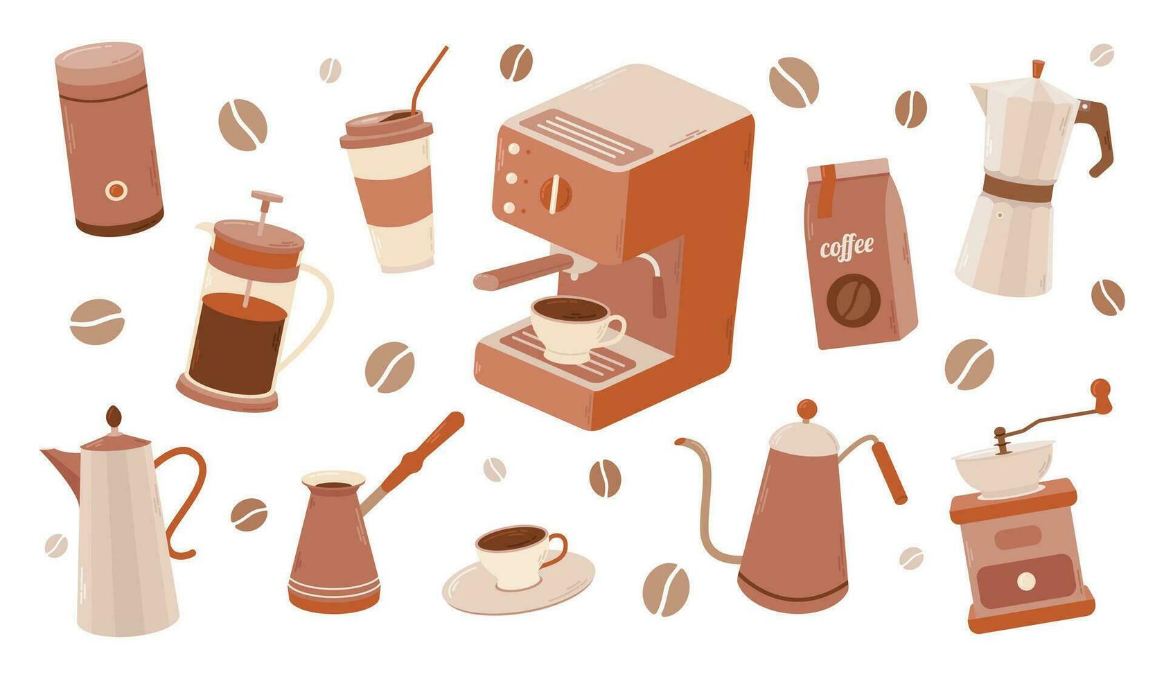 uppsättning kaffe element samling. kaffe leveranser ikoner. tillverkare, franska Tryck, pott, kaffe maskin. vektor illustration